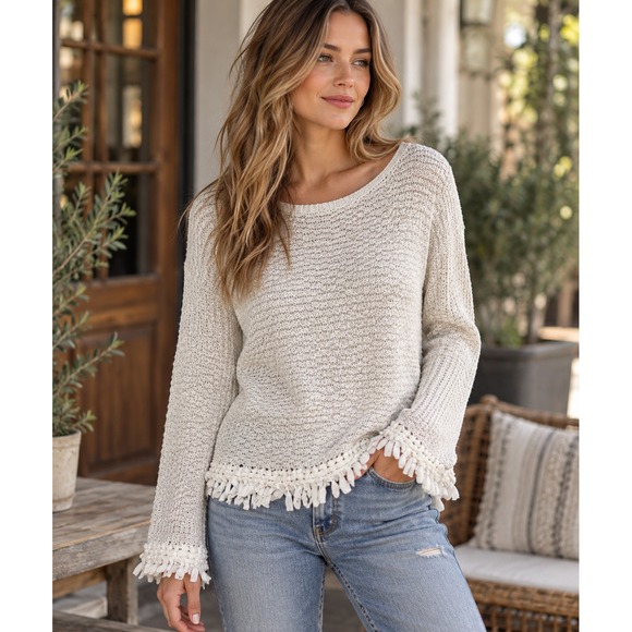 White + Warren Sweaters - ✨2/$20 White + Warren Open Knit Fringe Trim Sweater Oatmeal Large Boho Coastal